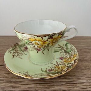 Rare Vintage Aynsley bone china teacup and saucer with Green Daffodils pattern